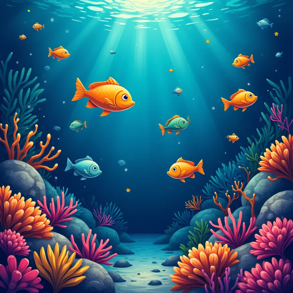 Cartoon underwater fish shooting arcade scene at cricaslan